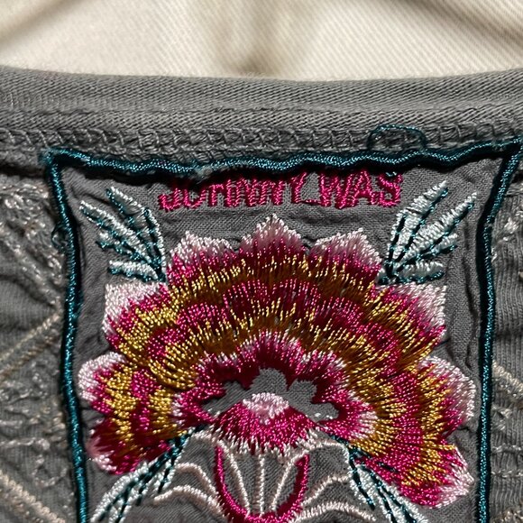 JOHNNY WAS Women's Bohemian cotton tunic XS Gray Embroidered whimsy Feminine Top - Picture 4 of 4